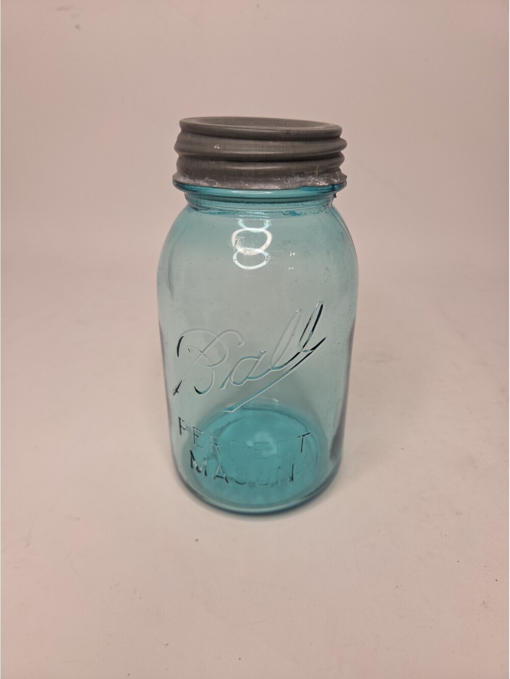 1923-1923 Blue Glass BALL  PERFECT MASON Quart Jar 32 Oz #5 with  lid